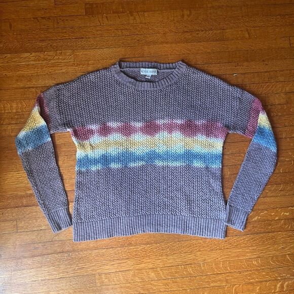 KNOX ROSE LIGHTWEIGHT OPEN KNIT COTTON SWEATER RAINBOW TIE-DYE STRIPED CREWNECK - Picture 15 of 15